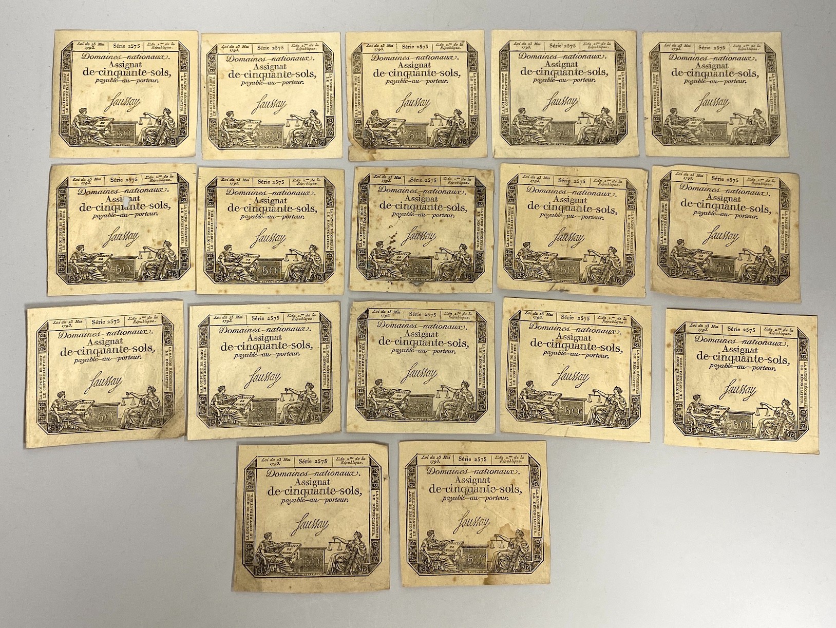 French Revolutionary banknotes, 1789 - 1796, Domaines nationaux, seventeen Assignat de cinquante sols, 50 sols, Serie 2575, Loi du 23 Mai 1793, two embossed stamps (17)